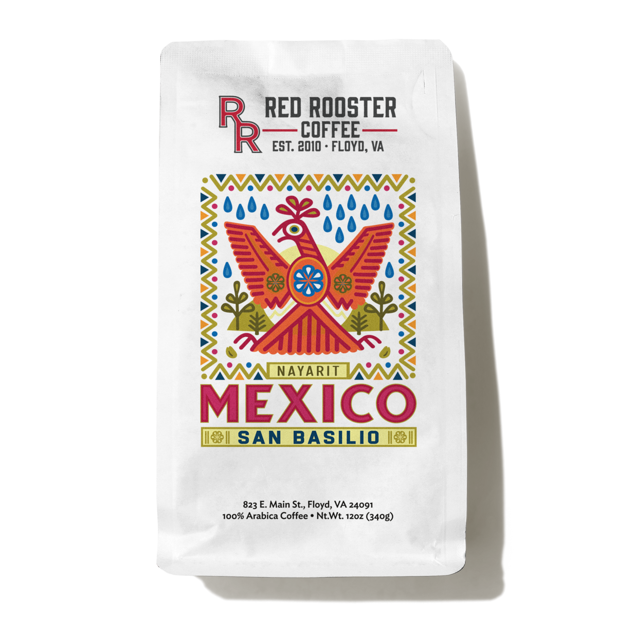 Red Rooster Coffee Mexico San Basilio Nayarit coffee bag on a white background