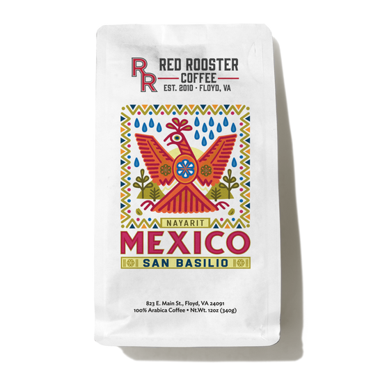 Red Rooster Coffee Mexico San Basilio Nayarit coffee bag on a white background